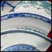 Various blue patterns, top row from left: Manhattan (Underglaze Print Pattern #6006) and Esquire (Underglaze Print Pattern #6026); row two: Delray (Underglaze Print Pattern #6052); row three: unknown line treatment; row four: Florence (Underglaze Print Pattern #6032).