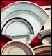 Various patterns with lines and bands including the Virginia pattern on the top right (Underglaze Print Pattern #6059).