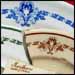 Maythorne pattern in blue and green on white body and brown on tan body (Underglaze Print Pattern #6024).